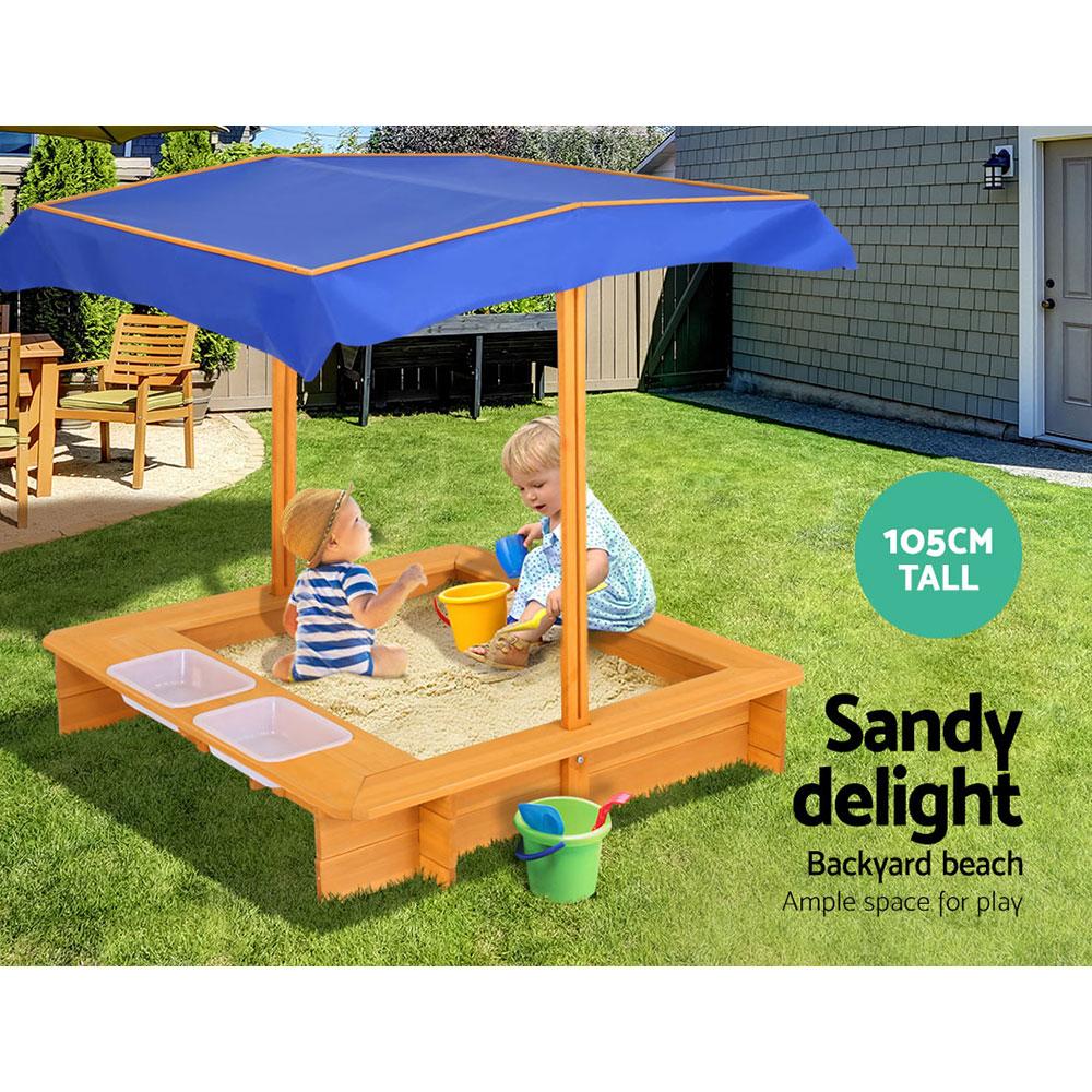 Keezi Outdoor Canopy Sand Pit with adjustable canopy, dual water basins, and treated fir wood construction, perfect for kids' outdoor play.